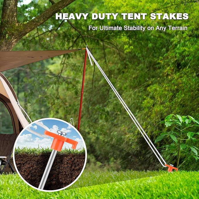Aodaer 24 Pack Tent Stakes Heavy Duty Tent Pegs 10.25 Inch Non-Rust Metal Yard Stakes with 4x10ft Ropes and Storage Bag Inflatable Stakes for Gardening & Canopies, Camping Halloween Christmas, Orange