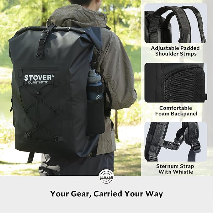STOVER 5/10/25/30/40/55L Waterproof Dry Backpack- XL Floating Dry Bag for Kayaking, Travel, Tubing, Hiking, Fishing, Camping, Motorcycles, the Beach, Heavy-Duty Roll Top Men/Women (Black)