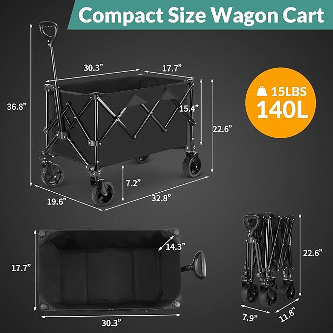 Collapsible Trolley Wagon Cart with Wheels 140L & 300LBS Capacity for Outdoor Sports, Shopping, Camping and Gardening