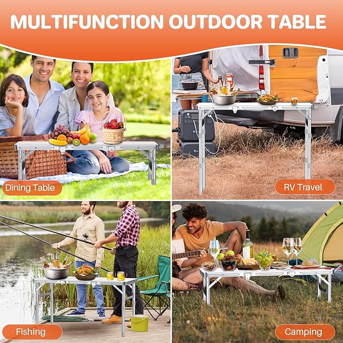 FUNYKICH 3ft Folding Camping Table with 3 Adjustable Height, 34.2'' Lx15.7'' W Portable Picnic Tables, Lightweight Aluminum Outdoor Table with Carry Handle for Camping, Backyard BBQ, Picnic, Beach