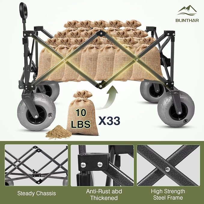 Beach Wagon, Heavy Duty Collapsible Folding Wagon with All-Terrain 9" Pneumatic Tires & Drink Holders, Utility Grocery Wagon for Garden Sports Camping Outdoor Activities Green