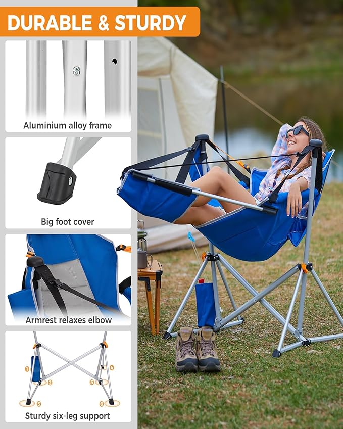KingCamp Hammock Chair with Footrest, Swinging Portable Folding Camping Chairs for Adults MAX 400lbs Heavy Duty Foldable Oversized Rocker with Cup Holder Pillow for Outdoor Beach Patio Sport Lawn
