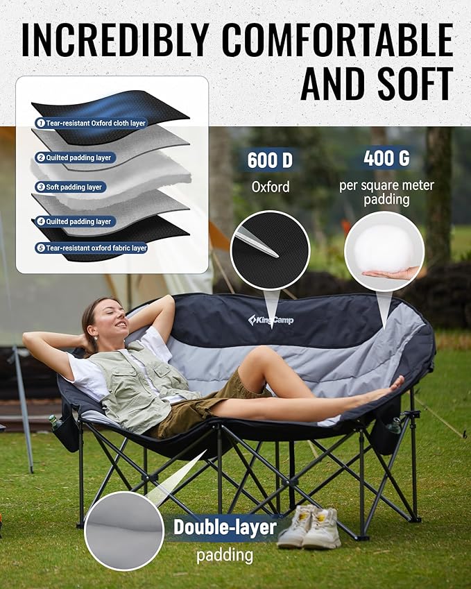 KingCamp Double Camping Chair, Oversized Heavy Duty Loveseat for Adults Portable Folding XL 2 Person Couch Padded Comfortable Two Seat with Cup Holder for Outdoor Lawn Backyard