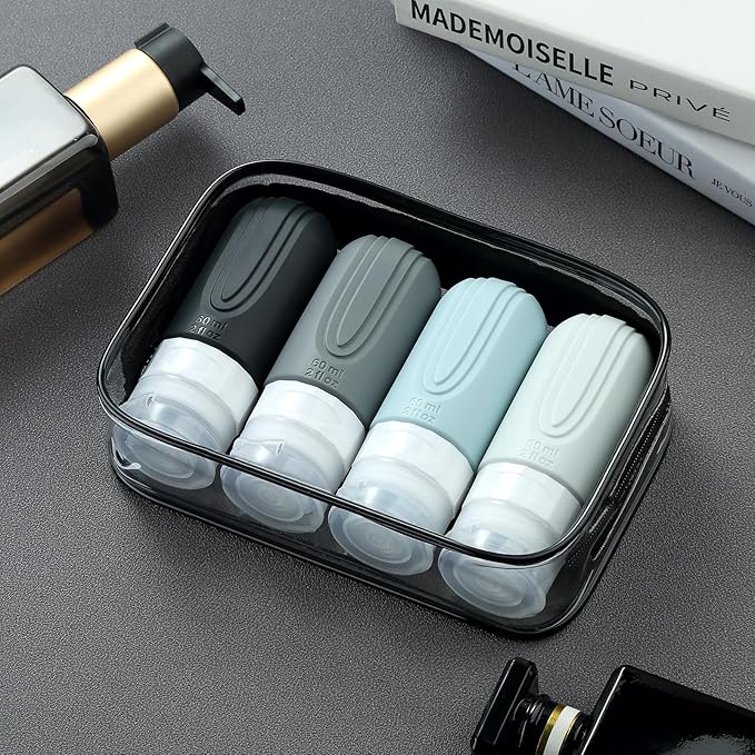 Travel Bottles for Toiletries, Tsa Approved 2oz Travel size Bottles, BPA Free Leak Proof Travel Toiletry Containers, Refillable Travel Accessories with Toiletry Bag for Shampoo Liquid (4 Pack)