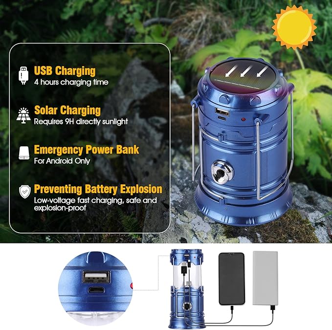 Solar Camping Lantern for Power Outages - USB Rechargeable Lamp Camping Essentials,Collapsible Waterproof Solar Lights for Indoor Outdoor Emergency Light/2 Packs/Blue
