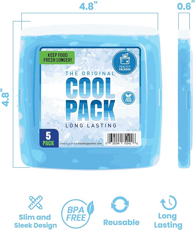 Healthy Packers Ice Pack for Lunch Box - 5 Ice Packs - Original Slim & Long-Lasting Freezer Packs for your Lunch or Cooler Bag