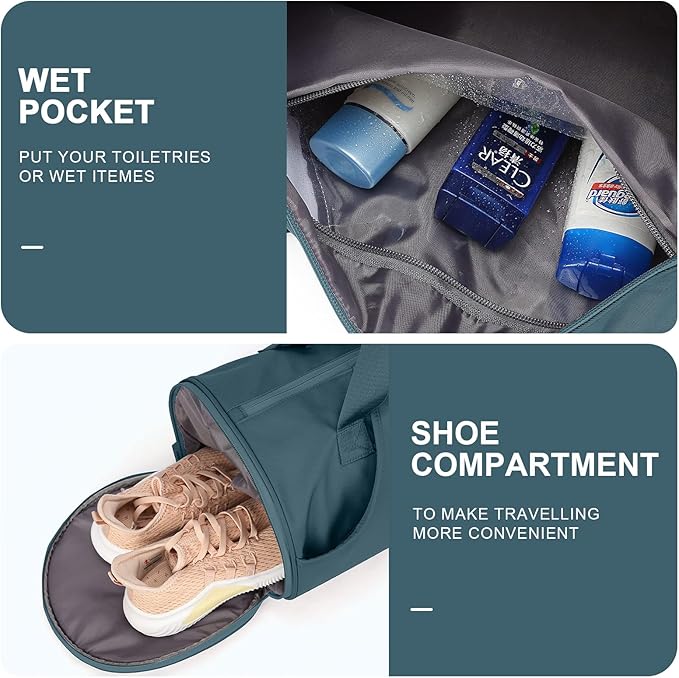 Gym Bag for Women and Men With Wet & Shoe Compartment - Small Duffle for Travel, Sport, Workout, Overnight Weekender - Carry-on Tote - Peacock Blue