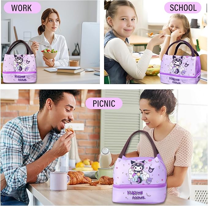 Kawaii Insulated Lunch Bag for Women Men, Cute Reusable Large Capacity Lunch Box, Double Compartment Container Lunch Tote Bag, Thermal Cooler Bag Food Handbags for Work Travel (Purple)
