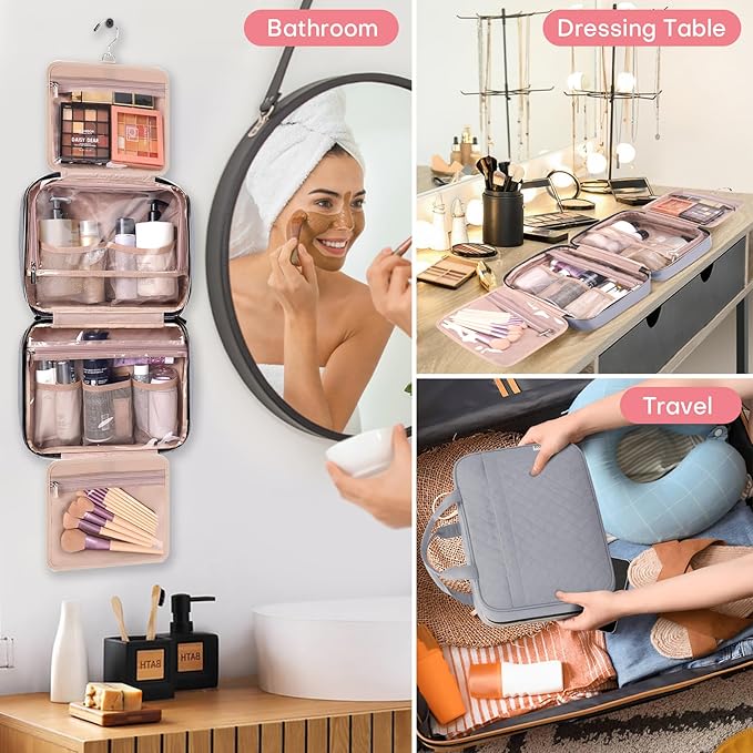 Travel Size Toiletry Bag for Women, Portable Cosmetic Bag with Hanging Hook, Travel Essentials Water-resistant Makeup Organizer for Accessories, Shampoo, Full-size Container, Toiletries