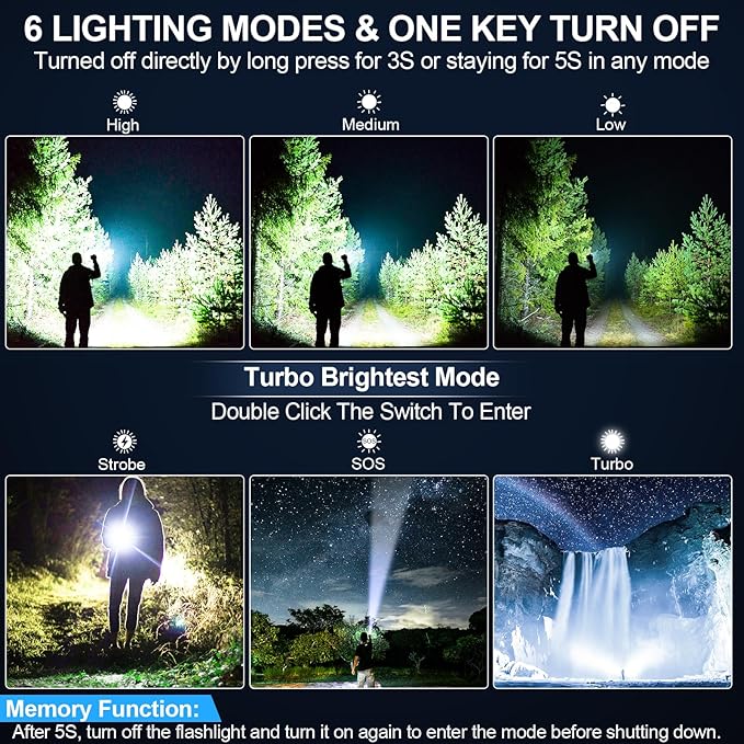 Flashlights High Lumens Rechargeable, 20000 Lumens Super Bright 1500 Meters Long Range Small Powerful Flashlight, 6 Modes LED Tactical Pocket Waterproof Flash Light for Home Emergency (2, Purple)