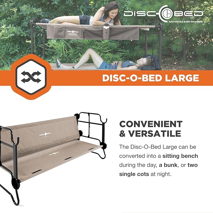 Disc-O-Bed Large Outdoor Convertible 2 Person Bench and Double Camping Cot Portable Bed Bunk System for Adults