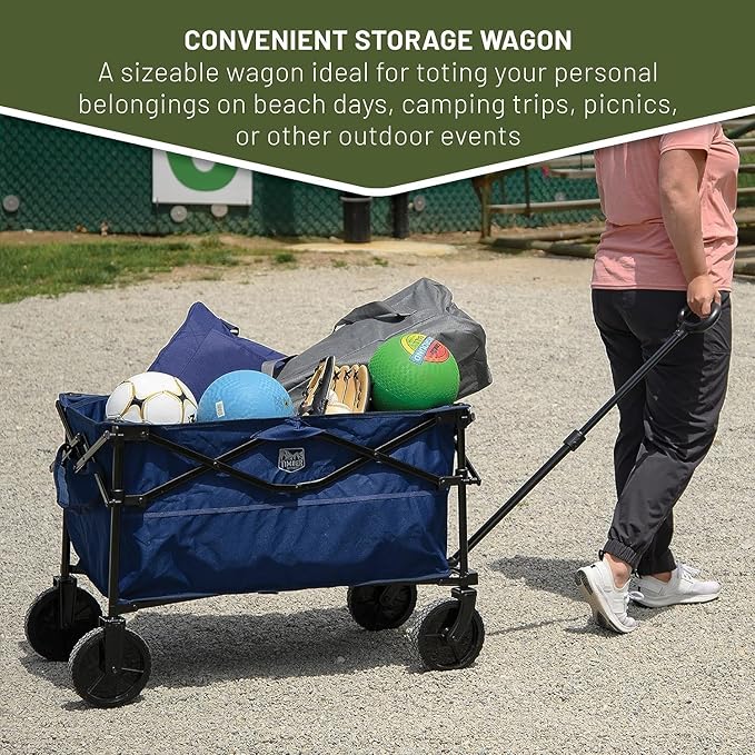 TIMBER RIDGE Folding Collapsible Wagon, Utility Push Pull Beach Wagon with All-Terrain Universal Wheels, Heavy Duty Foldable Grocery Cart for Outdoor Garden Camping Shopping, Holds 225 lbs, Dark Blue