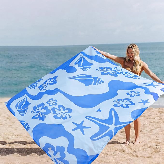 SkyNautre Waterproof Sandproof Beach Blanket, 110''×118'' Oversized Sand Free Beach Mat with 4 Stakes & Storage Bag, Extra Large Big Compact Outdoor Essentials for Beach, Picnic, Camping