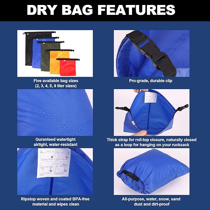 Dry Bags Waterproof Set, 5 Packs Ultralight Waterproof Bags Small Stuff Sack Water Proof Bag Dry Packs, Outdoor Dry Bag Keep Gear Dry for Backpacking Hiking Boating Camping Travel
