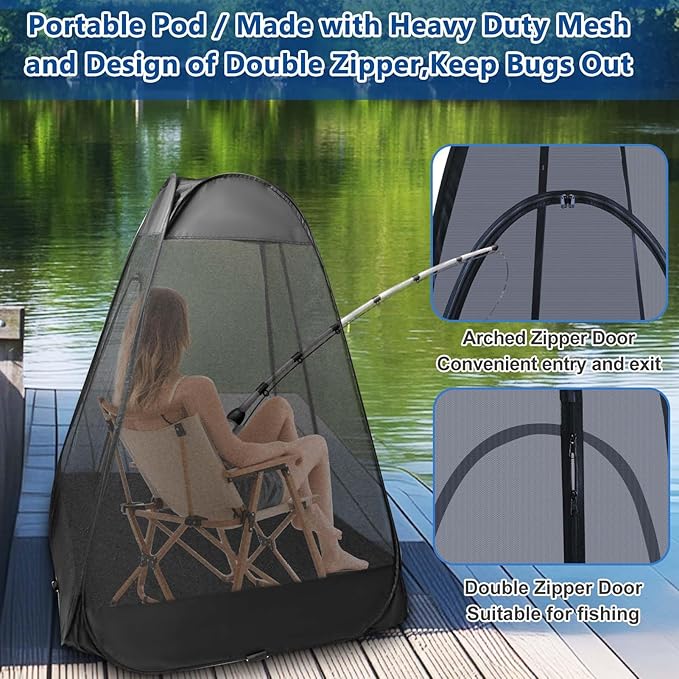 1-Person Camping Chair Pop up Tent, 47"x47"x59" See Through Single Mesh Tent Bugs Barrier Mosquito Net 2 Zipper Doors Outdoor Sports Pod Shelter with Bag for Fishing, Not Included Chair