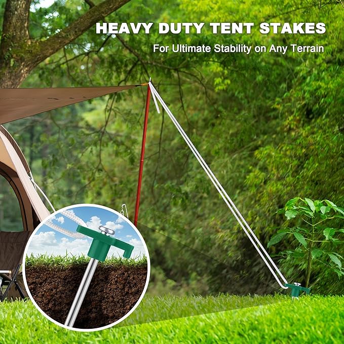 Aodaer 12 Pack Tent Stakes Heavy Duty Tent Pegs 10.25 Inch Non-Rust Metal Yard Stakes with 4x10ft Ropes and Storage Bag Inflatable Stakes for Gardening & Canopies, Camping Halloween Christmas, Green