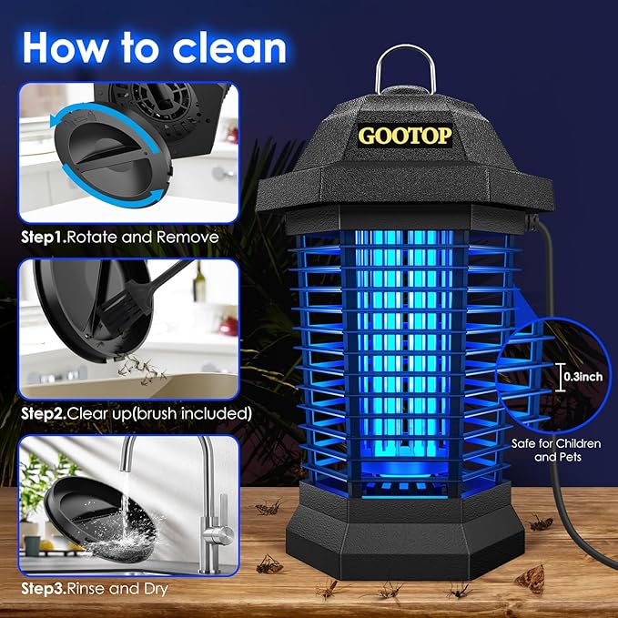 GOOTOP Bug Zapper Outdoor, Mosquito Zapper, Electric Fly Zapper, Mosquito Killer, Fly Traps, 3 Prong Plug, Flying Insects Zapper Indoor Outdoor 90-130V, 4200V, ABS Plastic Outer (Black)