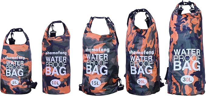 Waterproof Dry Bag Combo 5-30L Roll Top Dry Storage Bag Backpack for Kayaking Boating Beach Camping Travel Fishing, w/Phone Case & Collapsible Water Bottle & Sunglasses & Ear Band,Orange 30L