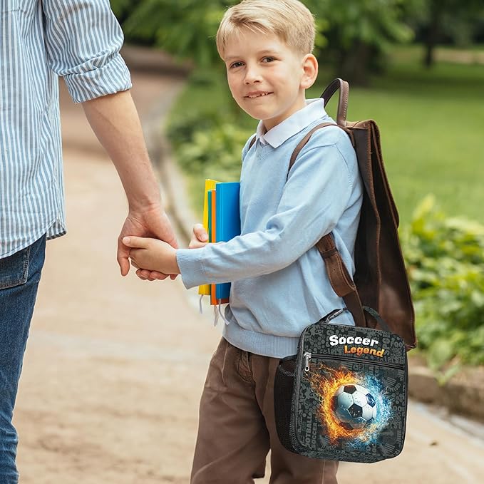 Clastyle 3D Insulated Kids Lunch Bag Large Thermal Cooler Bag for Boy Picnic School Lunch Box Tote,Fire Football