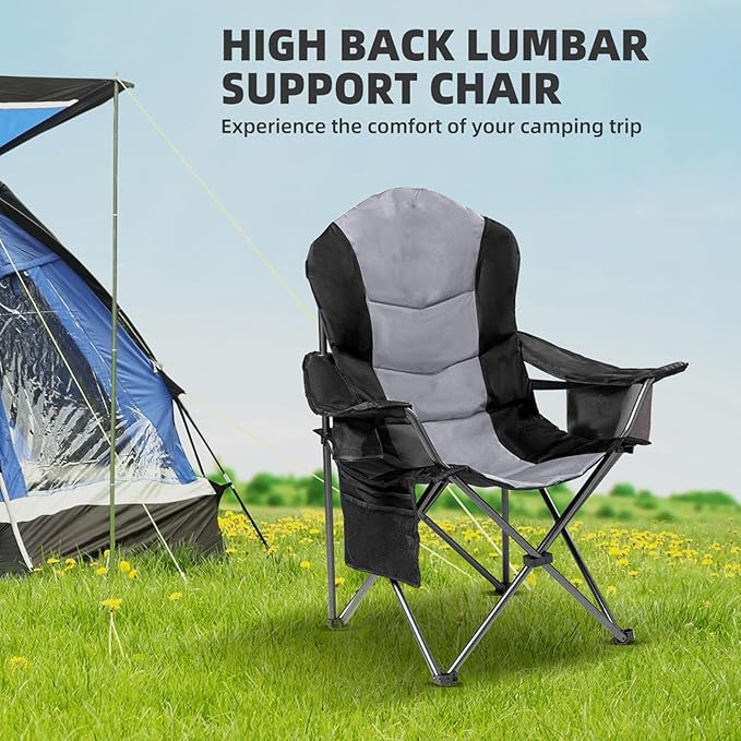 2 Pack Folding Camping Chairs for Adults - High Back Padded Outdoor Lawn Chairs with Lumbar Support & Cup Holder, 400lbs Heavy Duty Portable Camping Chairs Set (Black & Light Gray)
