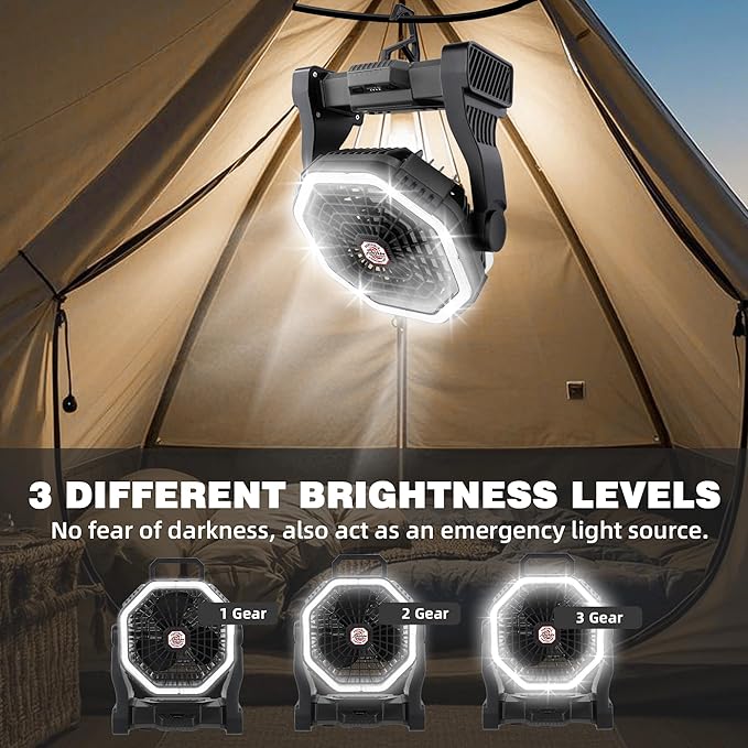Roykaw Portable Camping Fan with 10400 mAh Rechargeable Battery, 36 Hrs Work, Ultra-bright LED Light & Cordless, Fit for Tent, Fishing, Bedroom, Office, Hurricane