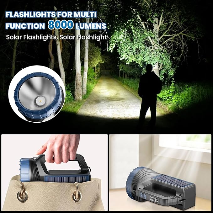 Solar Flashlights, Solar Flashlight for Multi Function 8000 Lumens Led Flashlight with Emergency Strobe Light Emergencies, Led High Lumens, USB C and Large Capacity Battery (2pcs)