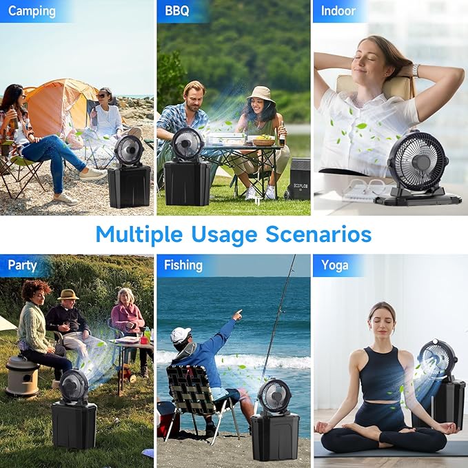 Portable Misting Fan with 11L Large Bucket for Outdoor Patios, 20000mAh Battery Operated Camping Fan with Hanging & Lighting, 3 Speed & 3 Spray Outlets, Rechargeable Fans for Fishing Garden