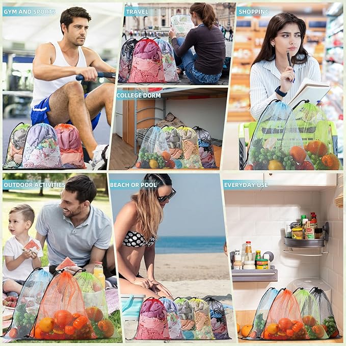 20PCS Mesh Bags: Nylon Mesh Drawstring Bags, 13"X15.5", Black, Navy Blue, Green, Light Red, Hot Pink, Orange, Grey, Purple, Yellow - Gym, Shower, Travel, Laundry, Storage, Organization, Beach