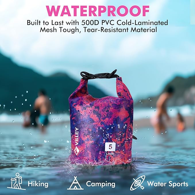 VILLEY Dry Bag Waterproof 5L Roll Top Sack Keeps Gear Dry Lightweight Dry Sack with Waterproof Phone Case for Kayaking Boating Camping Swimming and Beach Adventures Red Camo