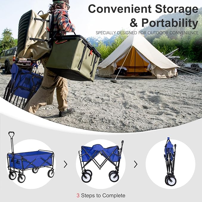 Garden Cart Folding Wagon Garden Cart Collapsible Wagon with Adjustable Handle &360°Universal Wheels for Garden Camping Shopping Beach (Blue)