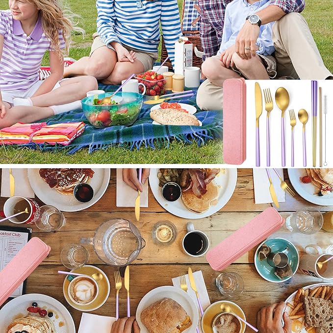 AARainbow 8 Pieces Stainless Steel Flatware Set Portable Reusable Cutlery Set Travel Utensils Set Including Chopsticks Knife Fork Spoon Straws Cleaning Brush Dishwasher Safe (B-Purple Golden)