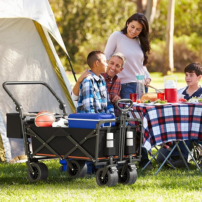 YITAHOME Collapsible Garden Cart w/Removable Canopy, Heavy Duty Outdoor Foldable Wagon Cart w/Rear Storage and Flexible Swivel Wheels for Shopping, Picnic, Camping, Sports,Black