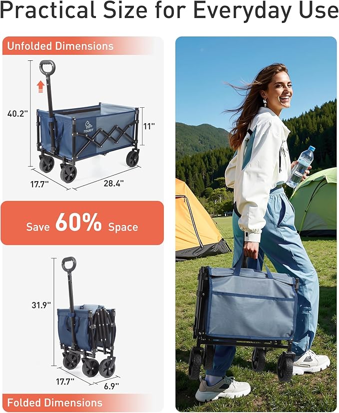 TOURIT Foldable Collapsible Wagon with All Terrain Wheels, Heavy Duty Portable Cart for Camping Beach Shopping, 330 lbs Capacity Utility Cart, Grayish Blue