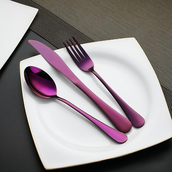 DEVICO Camping Utensils, Portable Travel Utensils with Case, Stainless Steel Reusable Silverware for Lunch Adult, 5Pcs Cutlery Set Includes Knife Spoon Fork Chopsticks and Case (Purple)
