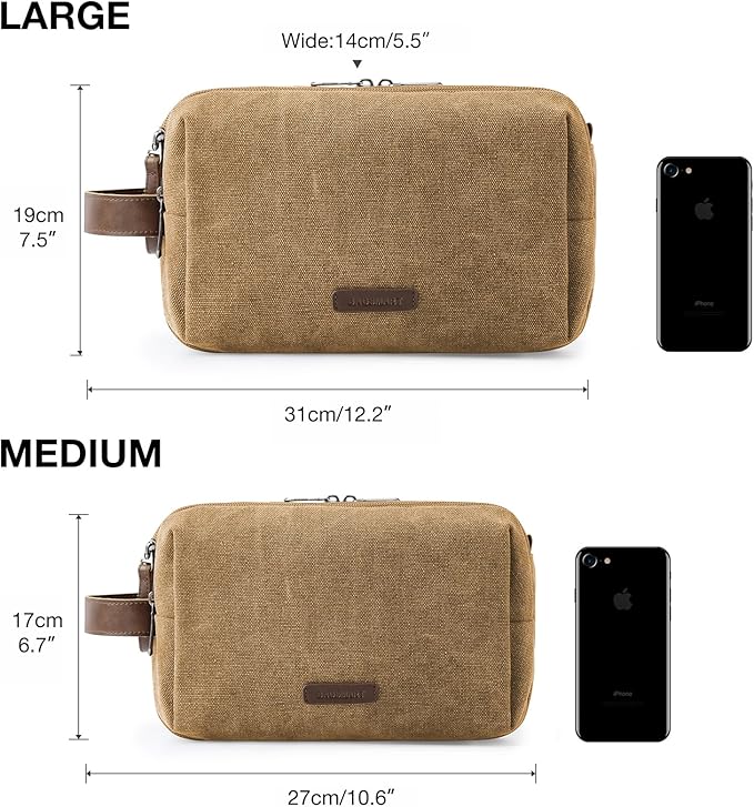 BAGSMART Toiletry Bag for Men, Canvas Travel Toiletry Organizer Dopp Kit Water-resistant Shaving Bag for Toiletries Accessories,Khaki-Large