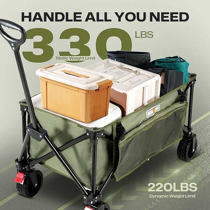 Overmont Collapsible Wagon Cart with Wheels - 220L Foldable Heavy Duty Wagon with Big All-Terrain Wheels - 330Lbs Weight Capacity with Side Pockets for Camping Sports Garden Grocery Shopping Green