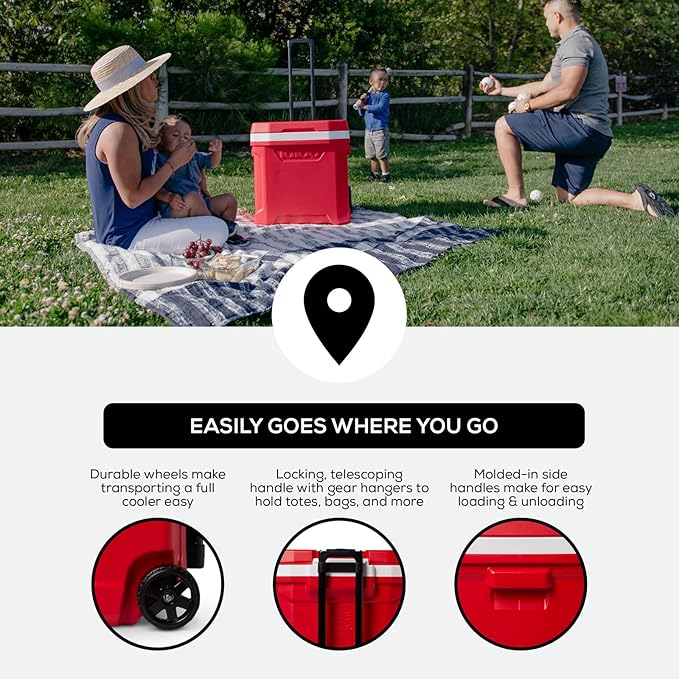 Igloo Cooler with Wheels, Profile II 28 Qt Hard Sided Ice Chest - Portable Insulated Container with Leak-Proof Design for Outdoor Use