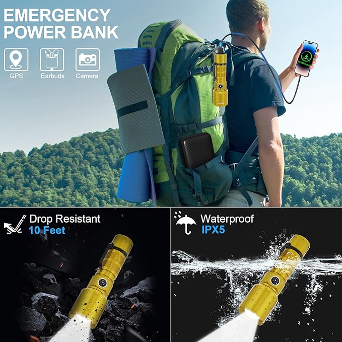 Flashlights High Lumens Rechargeable, 20000 Lumens Super Bright 1500 Meters Long Range Small Powerful Flashlight, 6 Modes LED Tactical Pocket Waterproof Flash Light for Home Emergency (2, Yellow Gold)