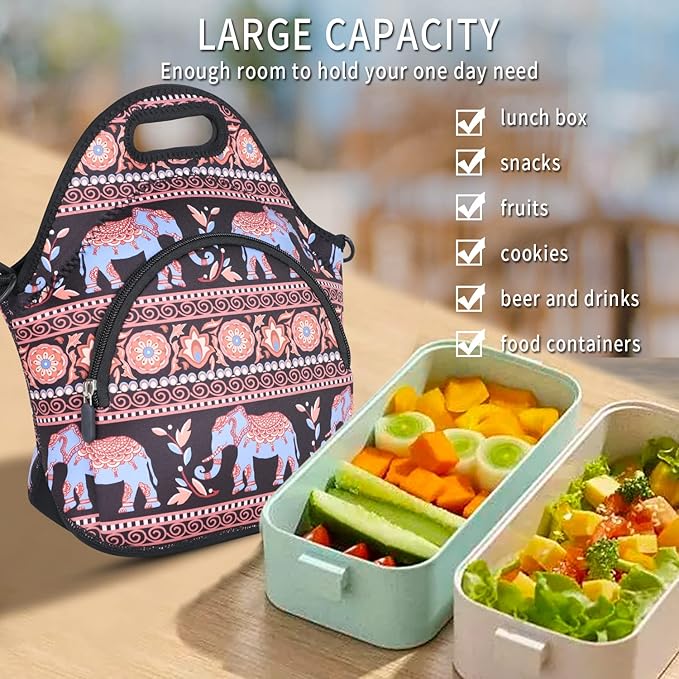 Violet Mist Neoprene Lunch Bag with Pocket Shoulder Strap for Women Men - Elephant Food Handbag Tote