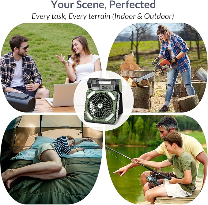 Indwell Portable Solar Camping Fan with LED Lantern - Rechargeable Battery Powered 5200mAh, Power Bank Function 4-Speed Cooling Dual Solar USB-C Charging Foldable for Outdoor Camping, Tent & Travel