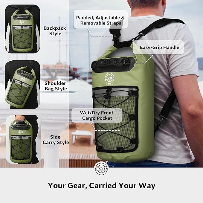 STOVER 5/10/25/30/40/55L Waterproof Dry Backpack- Medium Floating Dry Bag for Kayaking, Travel, Tubing, Hiking, Fishing, Camping, Motorcycles & the Beach, Heavy-Duty Roll Top Men/Women (Green)