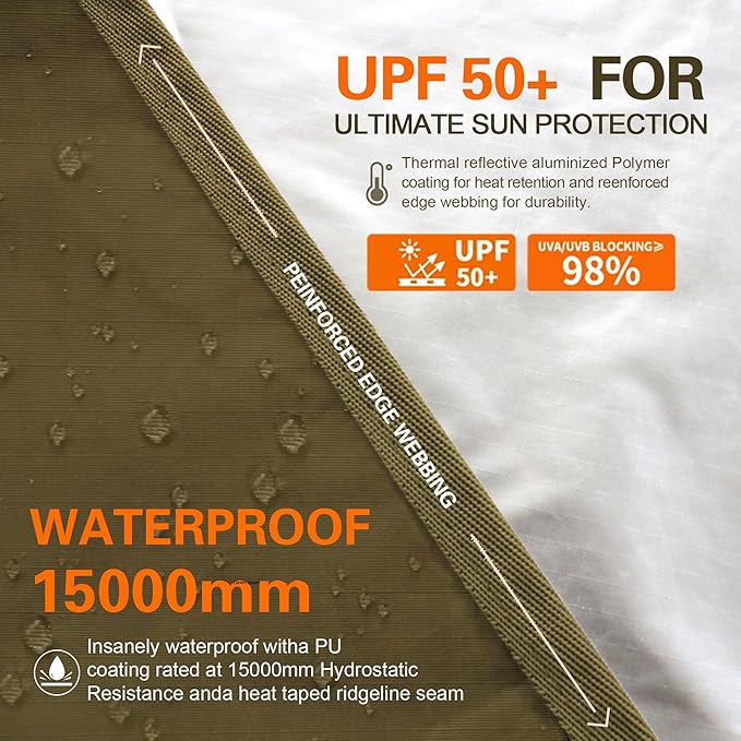 GOLDCAMP Waterproof Camping Tarp,70D Nylon 10X10FT Hammock Rain Fly ,UV 50+ and PU15000mm Tent Tarp Shelter Canopy,Heavy Duty Multifunctional Sun Shade or Rain Fly Essentials for Hiking Backpacking