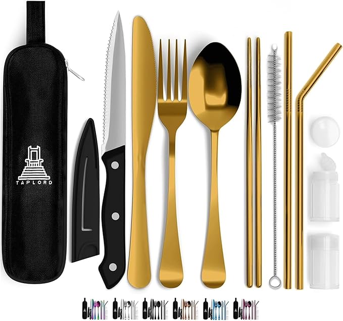 Portable Travel Silverware Set With Case, Includes 10 Pcs of Travel Utensils With Case, Stainless Steel Flatware Set For Camping, Lightweight (Gold)