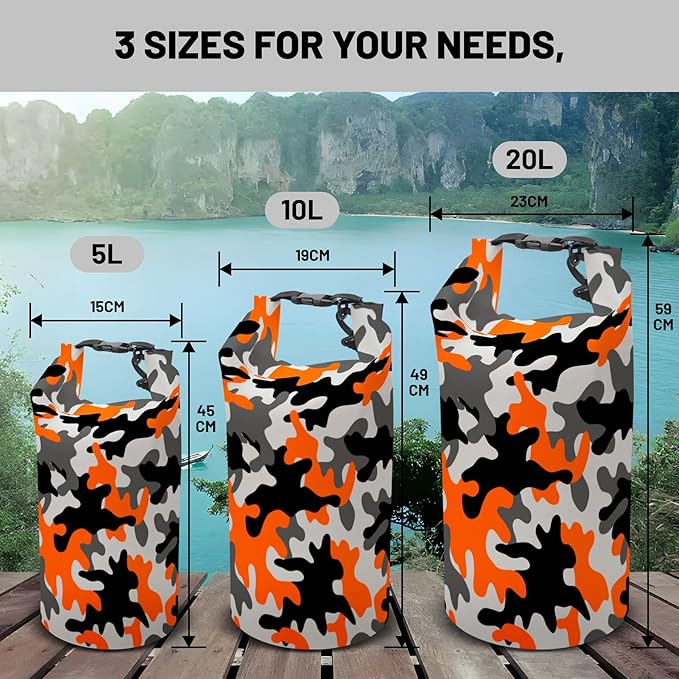Waterproof Dry Bag,Roll Top Orange Camouflage Small Waterproof Backpack 5L/10L/20L Floating and Lightweight Bags for Kayaking, Boating, Fishing, Swimming and Camping with Waterproof Phone Case