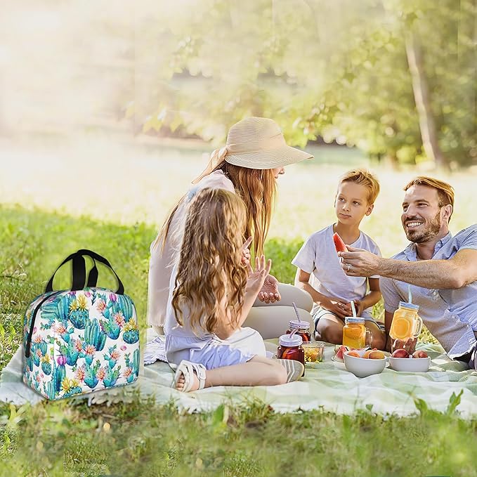 Insulated Lunch Bag,Watercolor Blooming Cactus Lunch Box for School Student Kids Boys Girls,Leakproof Small Lunch Tote for Adult Men Women,Reusable Lunch Cooler Tote Bag for Office Work Picnic