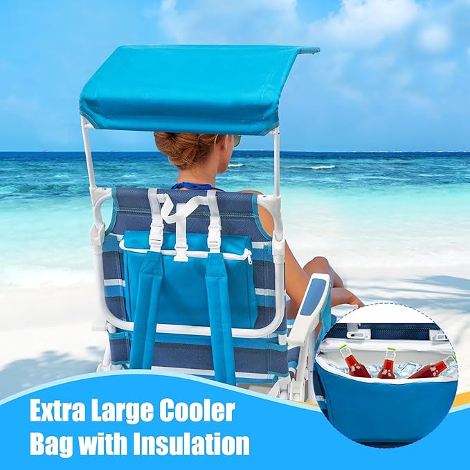 Beach Chair 2 Pack, 5 Positions Textilene Folding Reclining Beach Chair with Backpack Straps, Cooler Bag & Cup Holder for Outdoor Lawn Camping