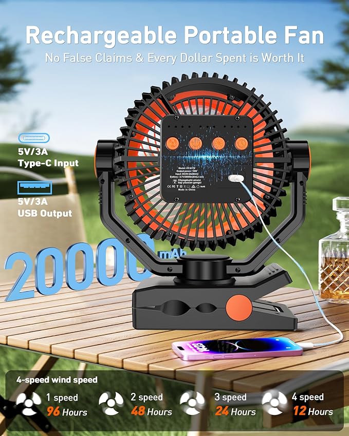 DUKUSEEK Clip Fan with LED Lantern, 20000mAh Rechargeable Clamp Fan, 360Β° Rotation USB Personal Fans with Hanging Hook, 9in Portable Camping Fan for Bed, Car, Bedroom, Outdoor