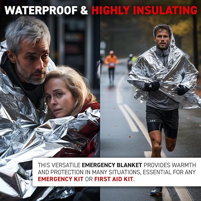 72 HRS Large Emergency Mylar Space Blankets 4-Pack, MIL-SPEC 54″ × 88″ Thermal Survival Foil – Retains 90% Body Heat, Waterproof Reflective Blanket for Camping, Hiking, Marathon, First Aid