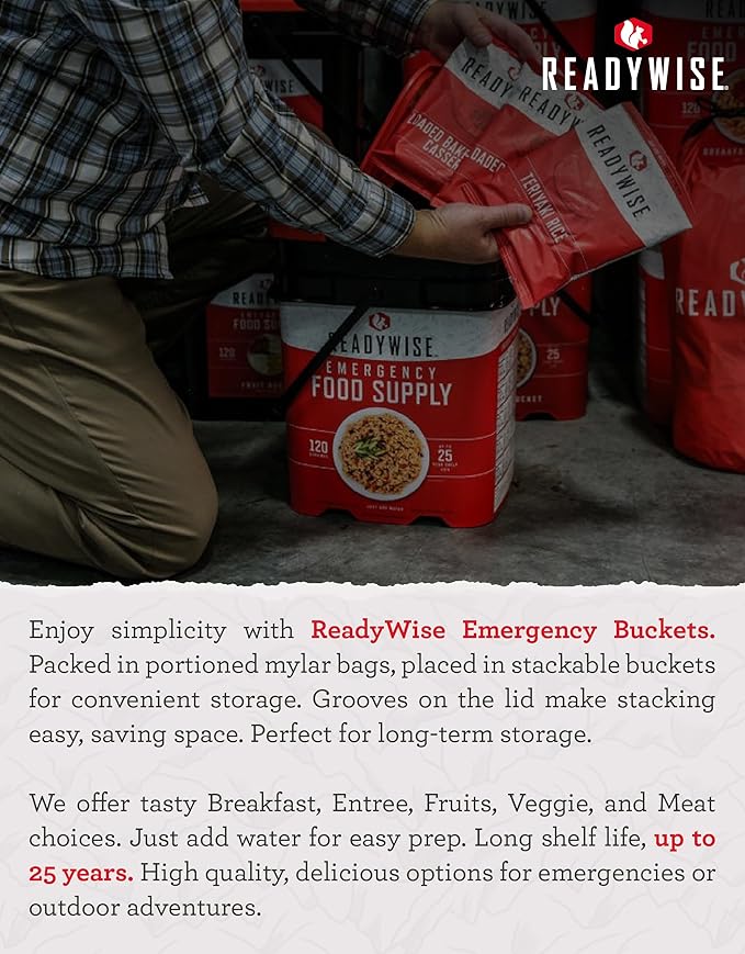 ReadyWise Emergency Food Supply - 104 Servings Variety Pack Bucket, Protein Meals, Dehydrated & Freeze Dried Food for Backpacking, Camping Essentials & Prepping Supplies, up to 25 Year Shelf Life