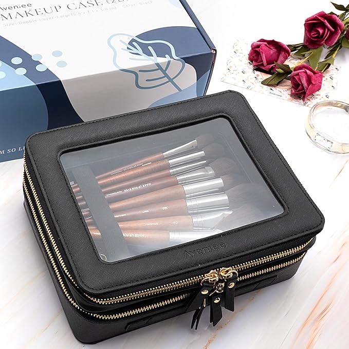 Aveniee Clear Makeup Bags, Double Layer Cosmetic Bags with Separate Brush Compartment, Large Travel Toiletry Bag Cosmetic Case, Travel Accessories Organizer for Women(2 Layers, Black)